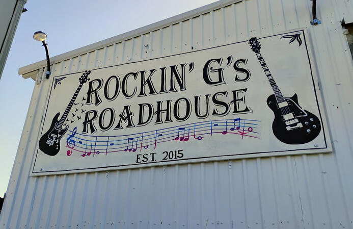 Rockin Gs Billboard Sign Painted on Canvas Mounted to wood.